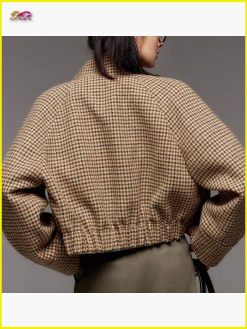 Cropped Wool Jacket Houndstooth Plaid Zip Up Bomber Peacoat Fall Winter Outwear - Picture 5 of 6